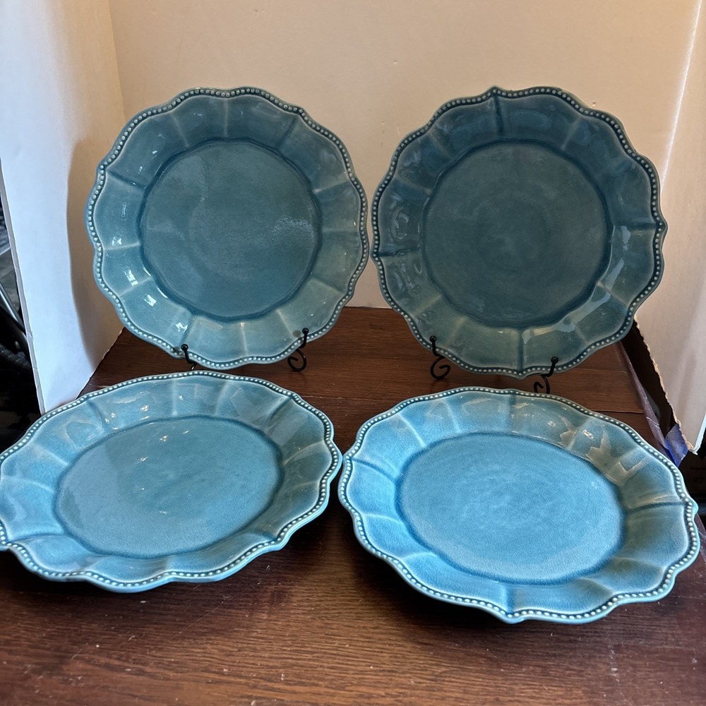 4 Pioneer Woman Paige Denim Blue Teal Dinner Plate Scalloped Beaded Edge 10 3/4"